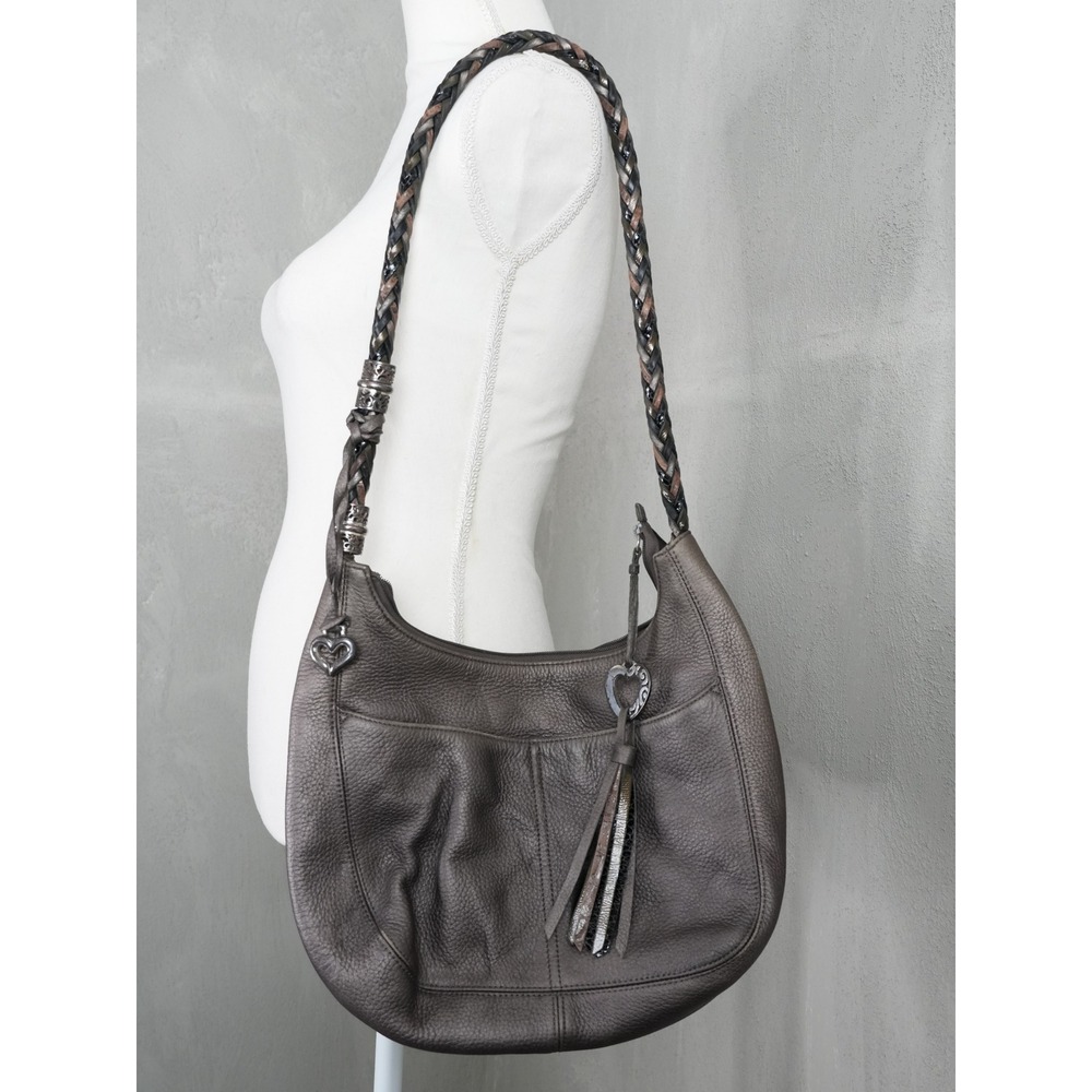 Brighton Hobo Bag Women Large Pewter Metallic Leather Braided Strap Tassel Heart